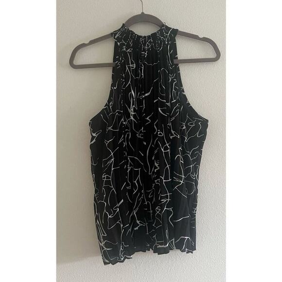 NWT Tahari High Neck Halter Black and White Printed Pleated Blouse Small - Picture 1 of 7